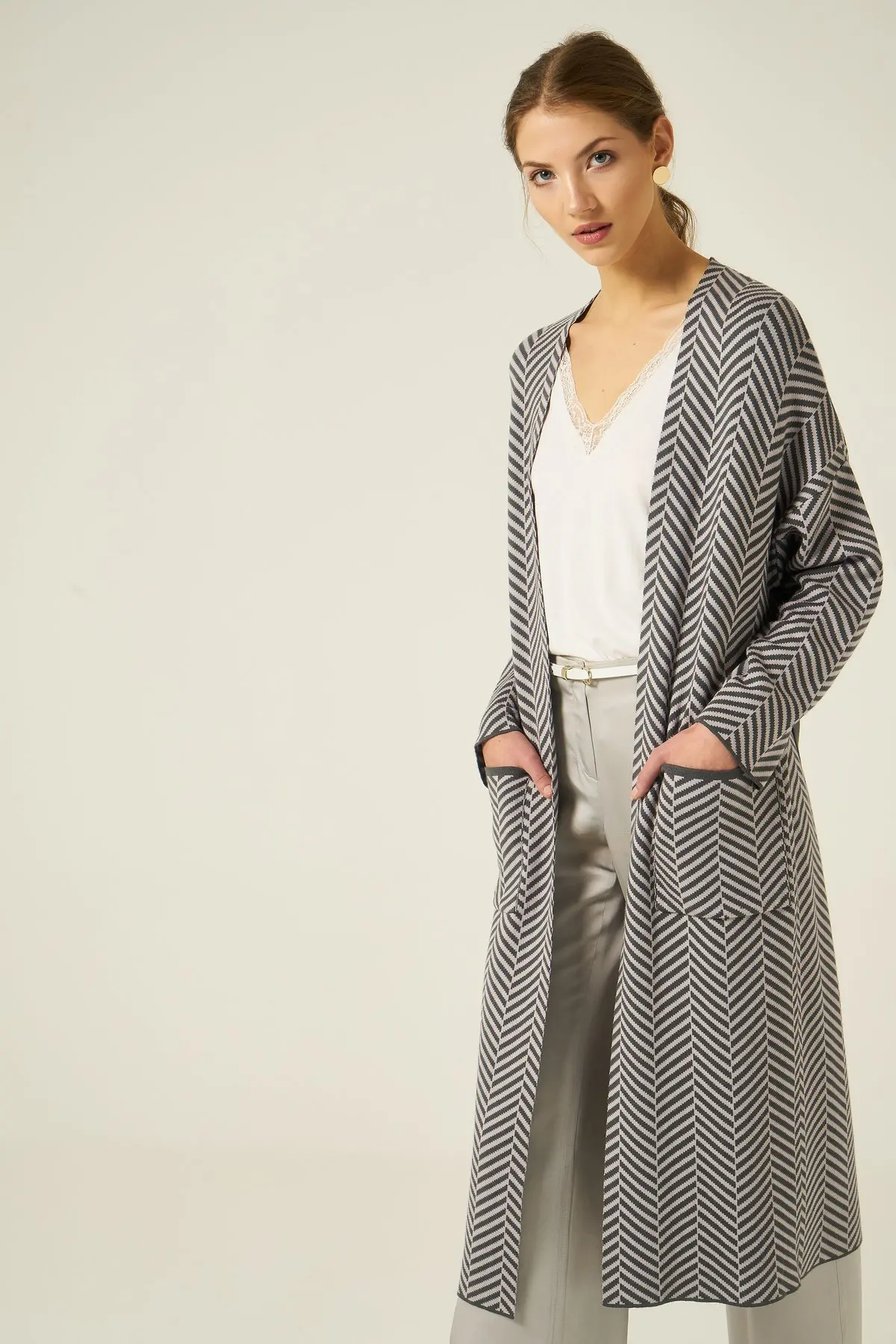 Женский зеленый вязаный кардиган с поясом и карманами Joinus | Женская одежда