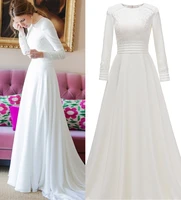 real photo simple long sleeve plain satin wedding dress bridal gown bride custom made factory price