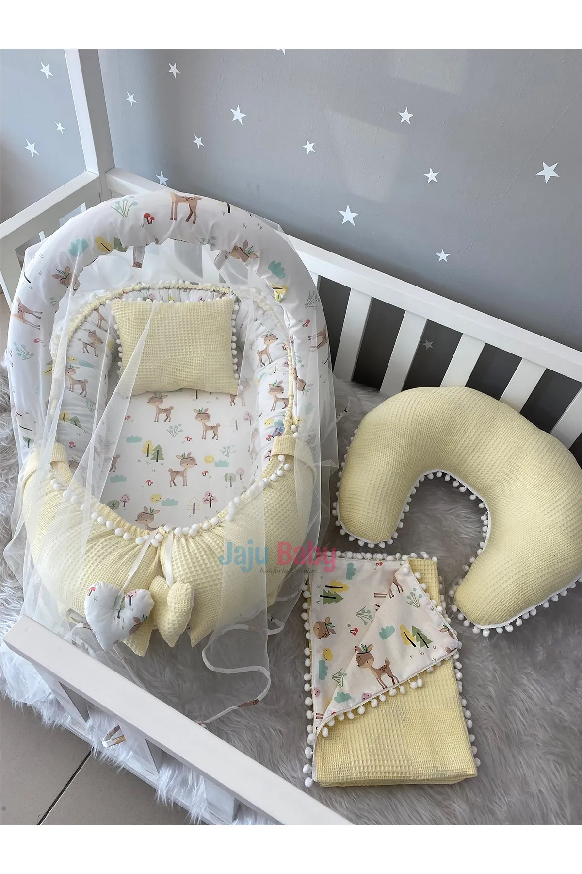 Jaju Baby Handmade Yellow Waffle Pique Fabric Gazelle Design 6 Piece Babynest Set with Pompom Mother Side Portable Baby Bed