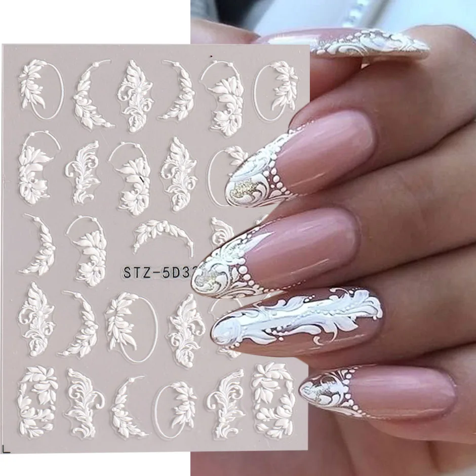 5D рельефная наклейка для ногтей белый свадебный цветок кружевной дизайн клейкие