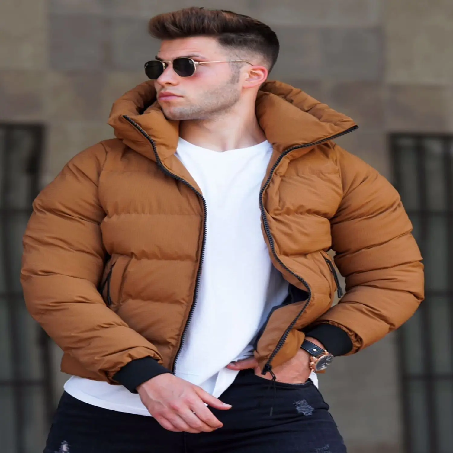 Male Tan Inflatable Coats Winter warm men jacket coat casual autumn stand collar puffer thick şapka down filled jacket