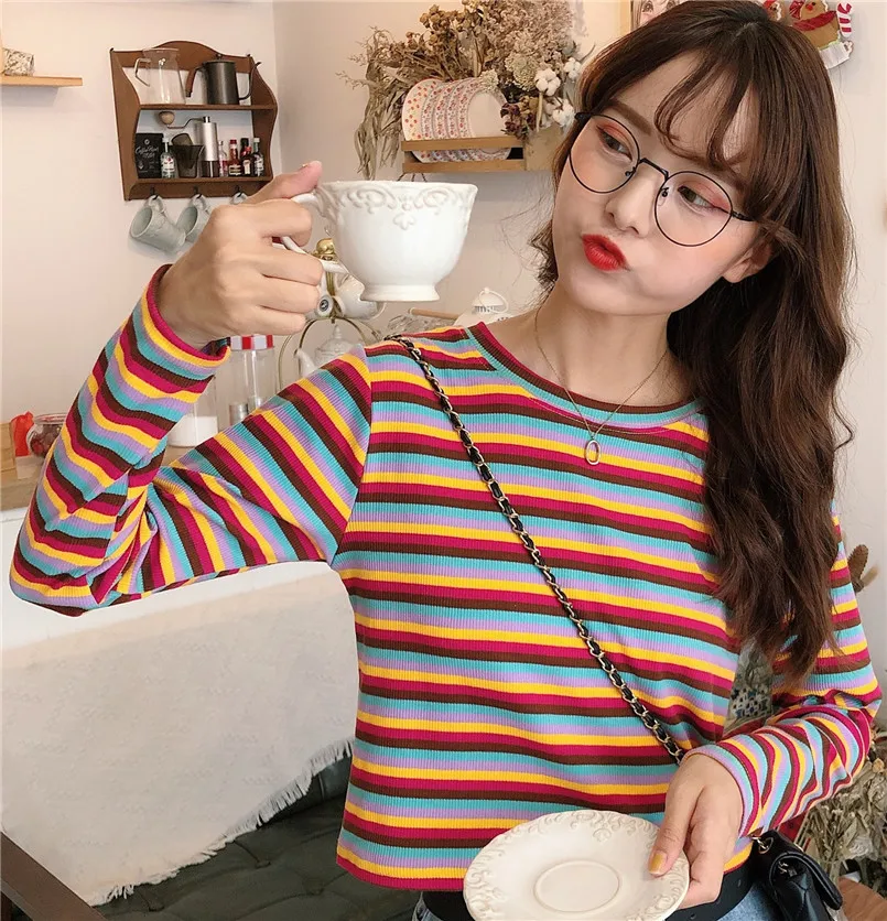 2019 Korean Harajuku Kpop Contrast Color Stripe Stretch Slim Round Neck Long-sleeved Sweater | Женская одежда