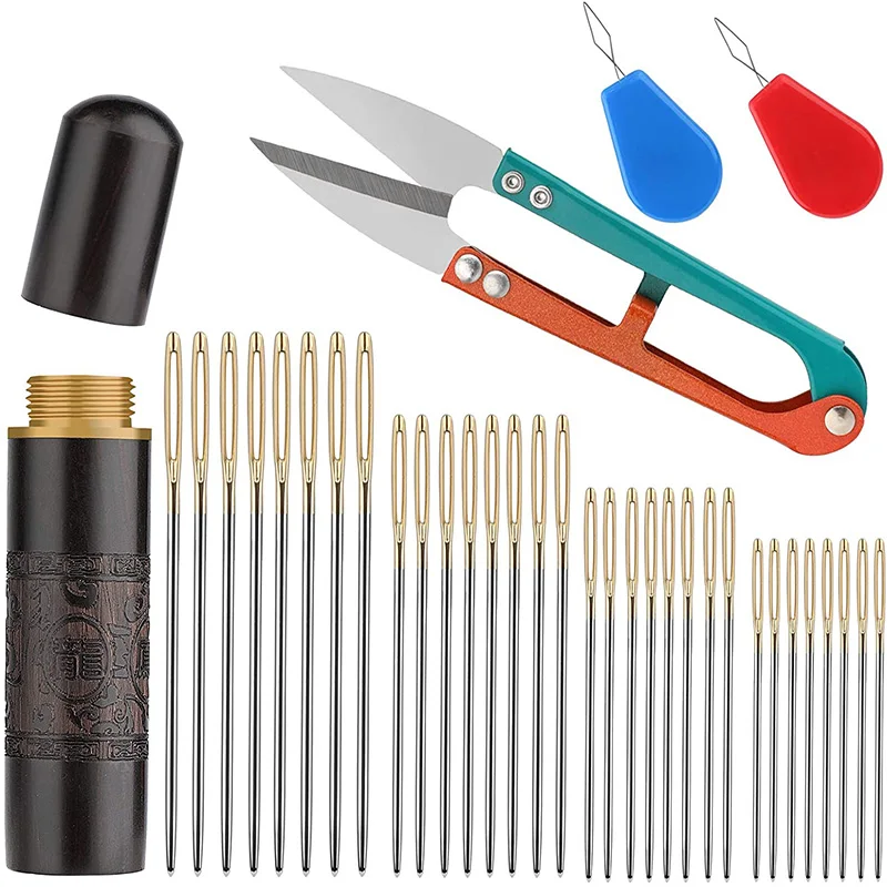 

Large Eye Needles Hand Sewing Needles Set 24PCS with Wooden Storage Box Yarn Scissors Stainless Steel For Handmade Sewing