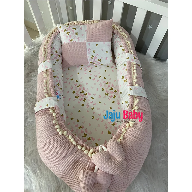 Jaju Baby Special Handmade Powder Waffle Pique Fabric Butterfly Design Pompon Baby Nest  Baby Bedding Portable Crib Travel Bed