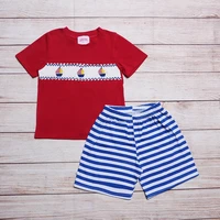 fashion baby smocked set for boy red sailboat handwork short sleeve with embroidery blue stripe sports shorts for 1 7t kids