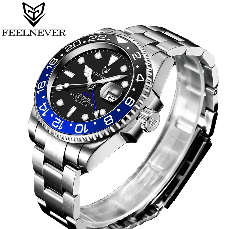 

Reloj Hombre 2021 FeelNever New Luxury Men Mechanical Wristwatch 316L Stainless Steel GMT Watch Top Brand Waterproof Men Watches