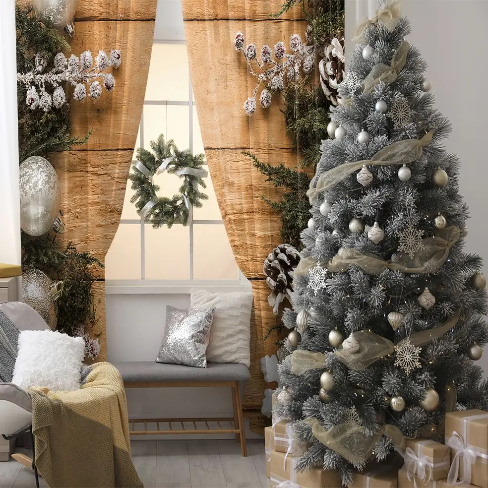 

Curtain Pine Tree Branches Cones Silver Ornaments Baubles Snowflakes on Wooden Wall Festive Photo Brown White Green