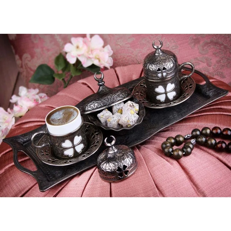 

Turkish Coffee Set Arabic Ottoman Greek Gift Authentic New Product with Historical Pattern Espresso Serving Copper & Silver