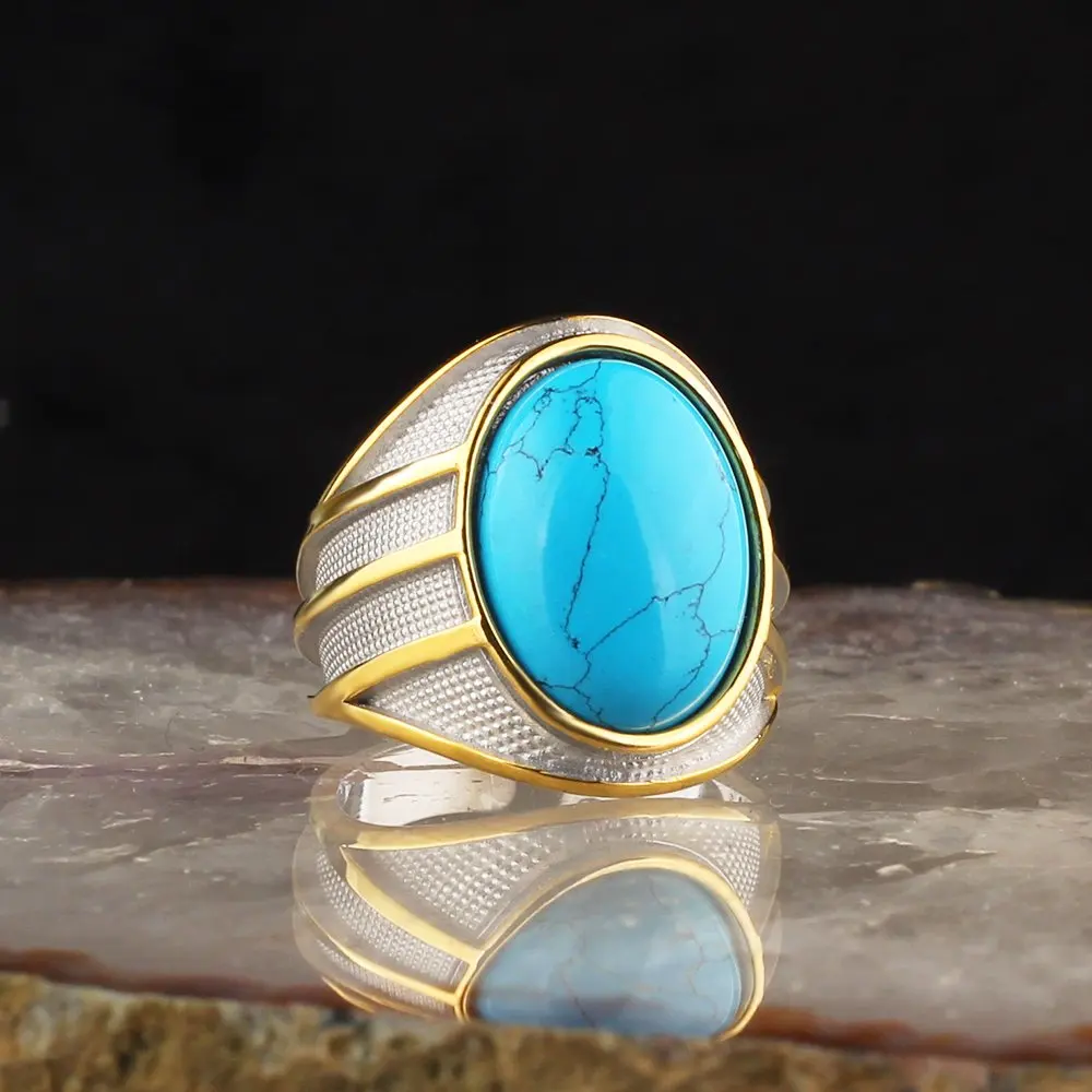 

Sterling Silver Mens Art Deco Ring with Big Oval Gemstone Turquoise Agate Onyx Topaz Tiger Eye Zircon Stone Ring Rings for Men