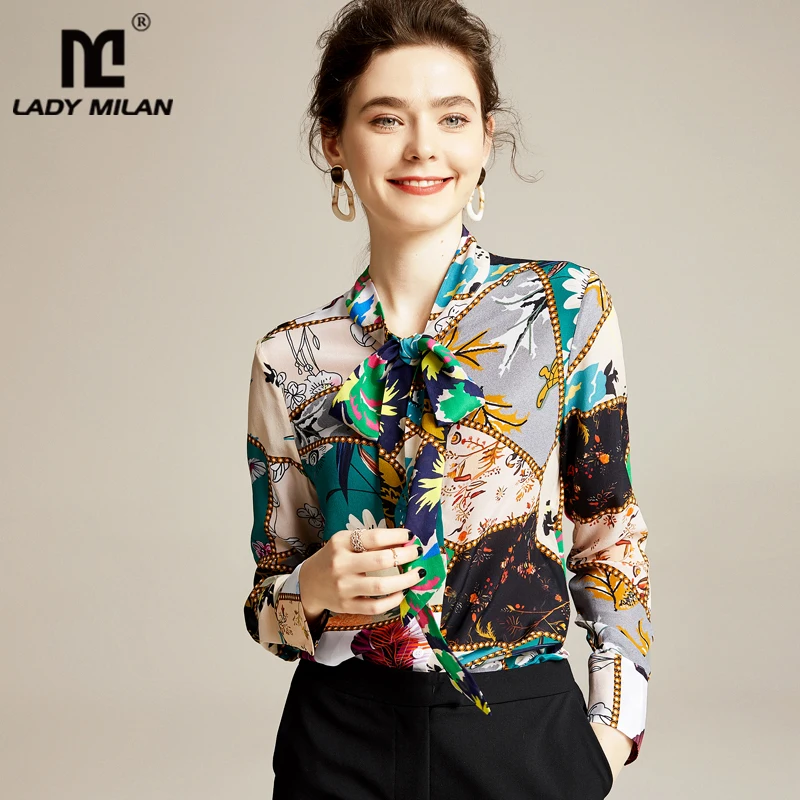 Женская модельная рубашка из 100% чистого шелка Элегантная блузка с бантом на