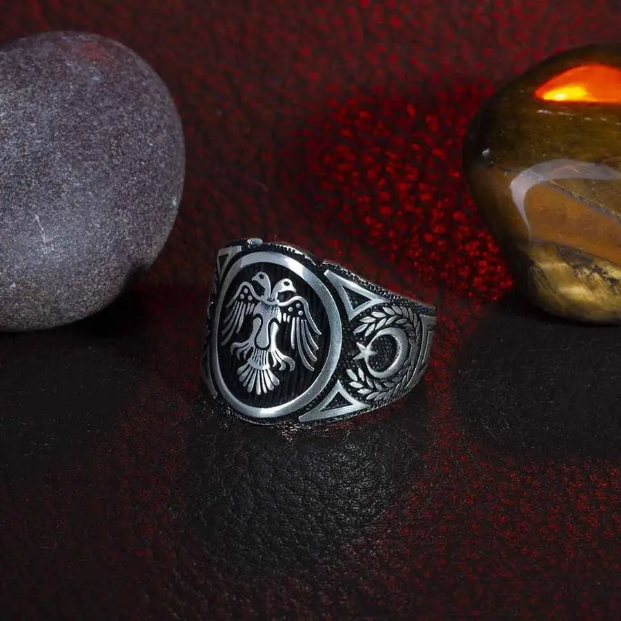 

Crescent Star Motif Ring Round Animal Style Men Ring Two Eagle Head Silver Ring Gerat Seljuk Emparie Model Ring