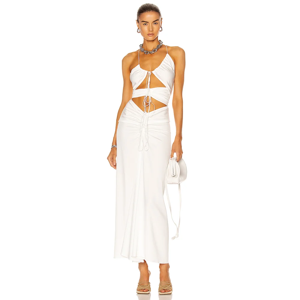 

2021 Summer New White Sexy Off Shoulder Hollow Out Draw String Mid Ankle Length Dress Elegant Fashion Casual Party Dress