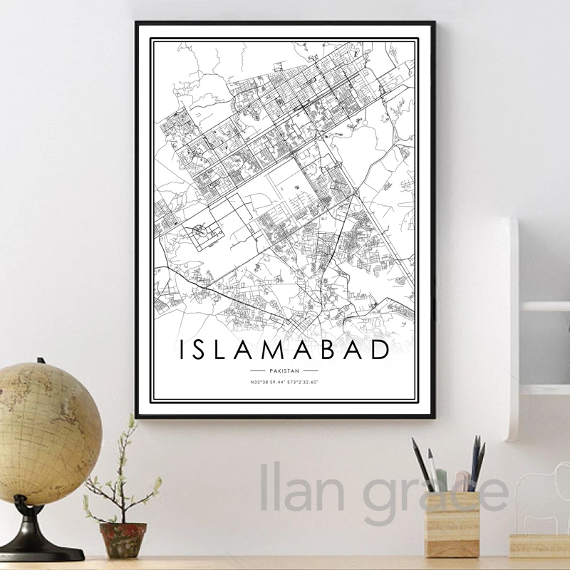Карта города Карачи плакат Исламабад черно-белые принты Пакистан путешествия