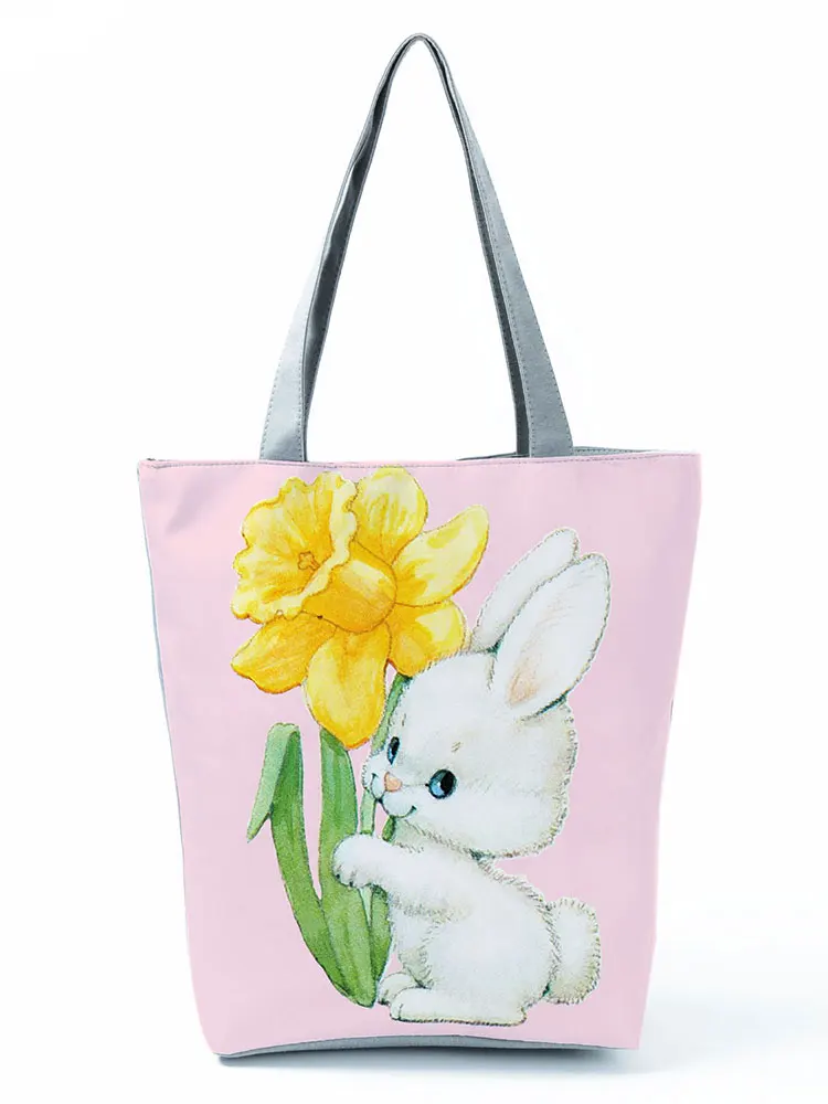 

Floral Animal Print Shoulder Bag Ladies Cartoon Rabbit Eco Friendly Shopping Bag Beach Portable High Capacity Handbags for Women