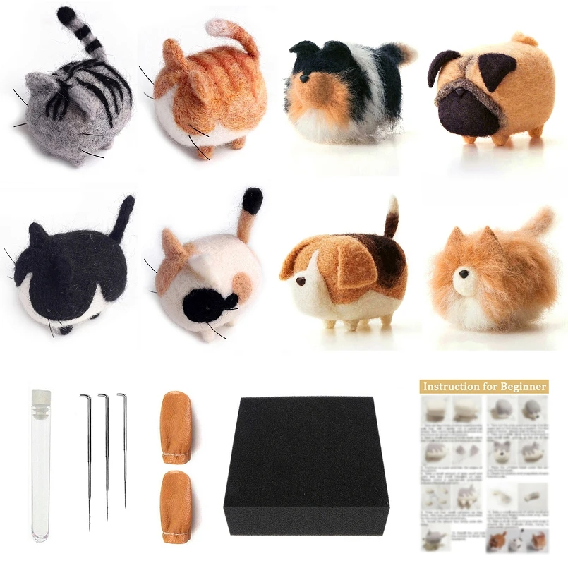 

Cat and Dog Needle Felting Kit for Beginners, 1.6"x1.6"x3.2"/4x4x8cm, Wool Felting Kits, Felting Wool Craft, English Manual