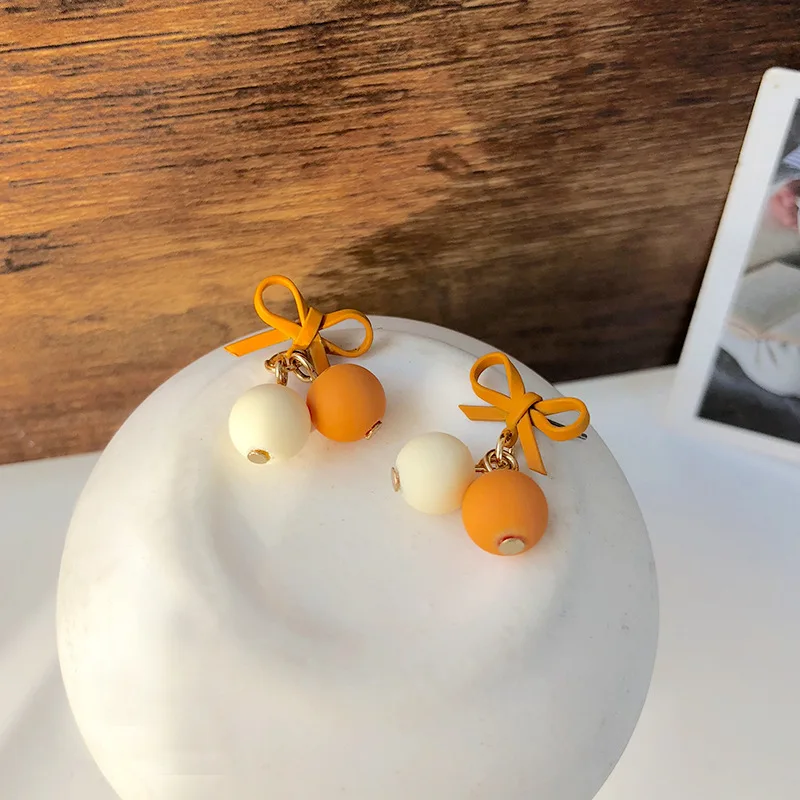 

Small fresh bow stud earrings design contrast color ball earrings small earrings women