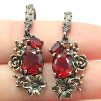 42x15mm neo gothic vintage real red ruby pink kunzite stree fashion jewelry black gold silver earrings eye catching