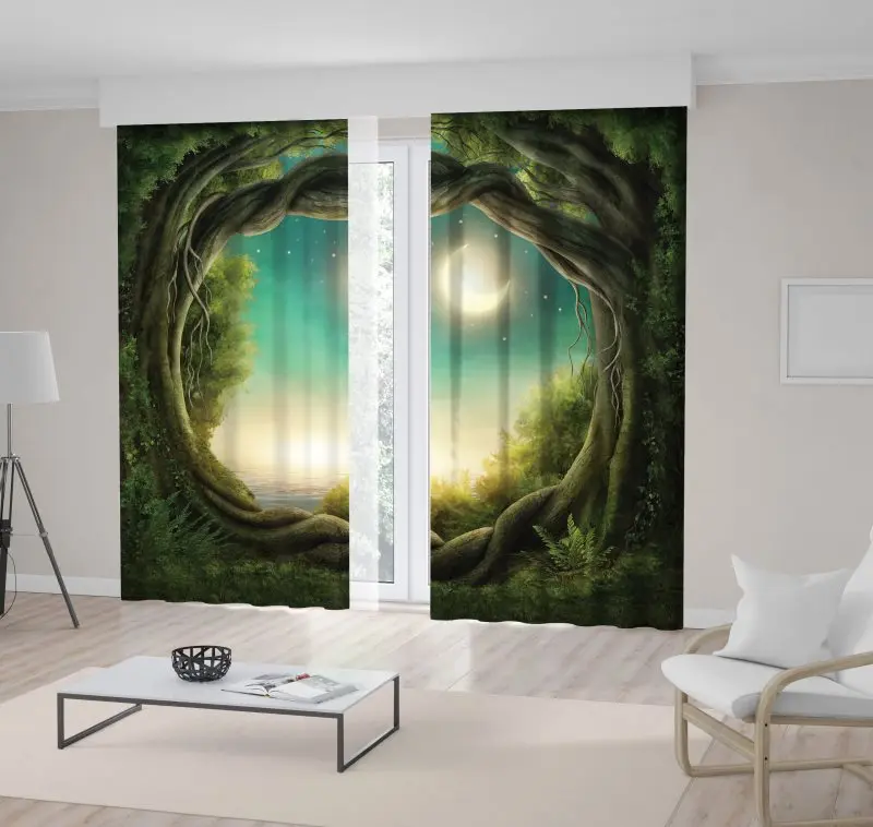 

Curtain New Moon Stars Summer Sky Moonlight Reflection on Sea View from Dark Forest Trees Woodland Green Yellow