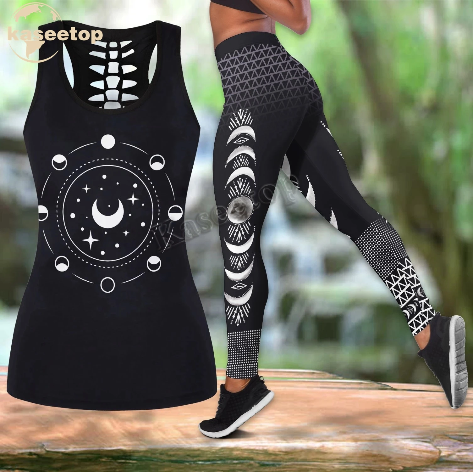 

Kaseetop Moon Phase Yoga Combo Two Piece Yoga Set Women 3D Print Vest Hollow Out Hollow Tank & Legging Outfit Summer Casual LK41