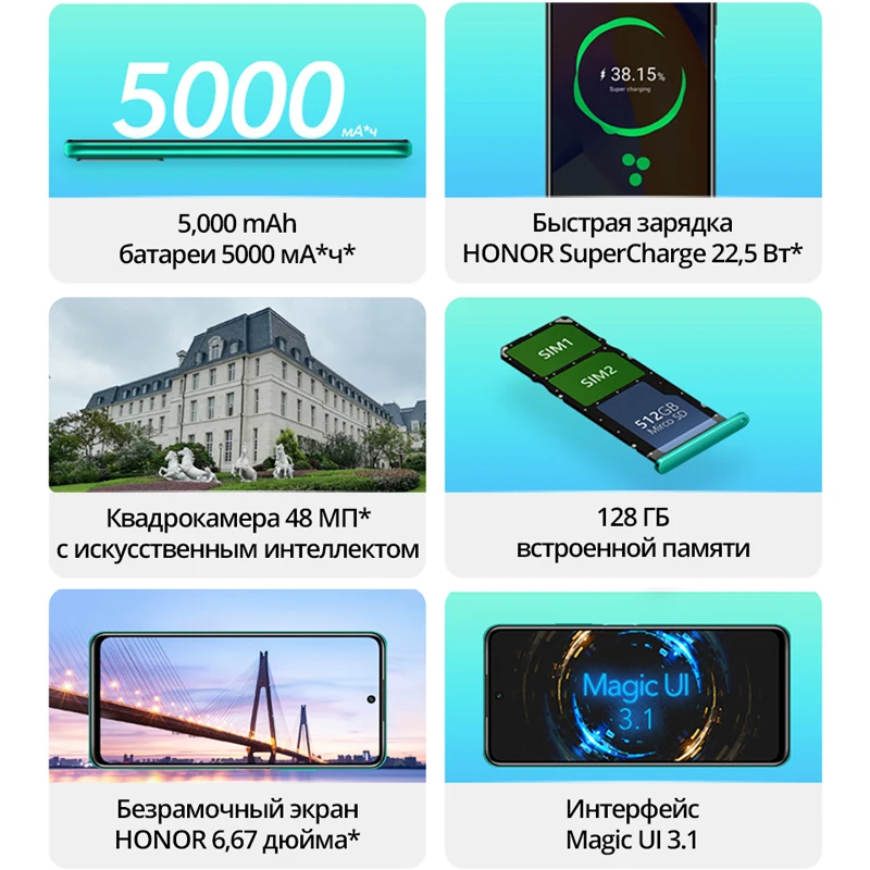 Смартфон HONOR 10X Lite 4 + 128 ГБ NFC [Быстрая доставка без задержек из России и Официальная