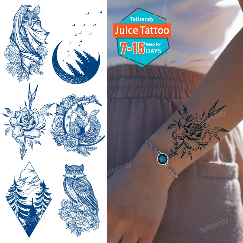 

Juice Ink Natural Tattoo Water Transer Long Lasting Blue Semi-permanent Temporary Tattoos Small Hand Sleeve Armband Painting