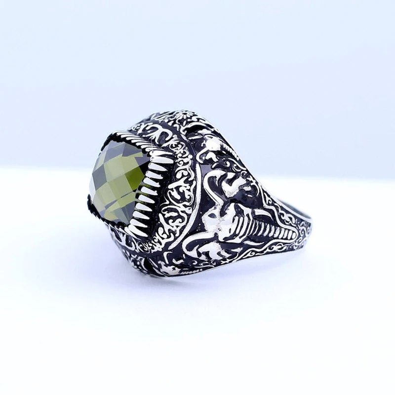 

Handmade Mens Silver Large Green or Red Zircon Ring, Art Design Ring Elephant Man 925 Silver Zircon Ring
