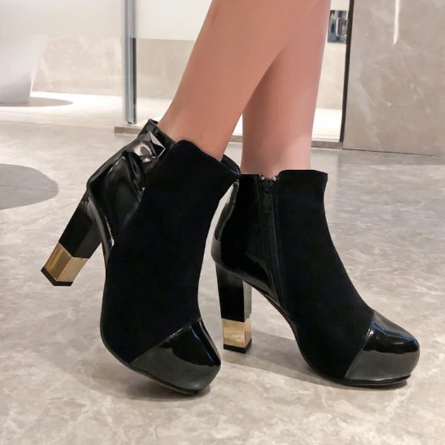 Европейские ботильоны с закругленным носком на необычном каблуке металлическим