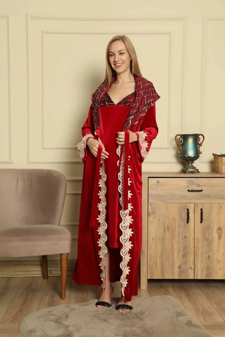 

Women's Red Luxury Velvet Nightgown Dressing Gown Pajamas Tights Set Lace Sexy Underwear Comfortable Sleep At Home Christmas Gif