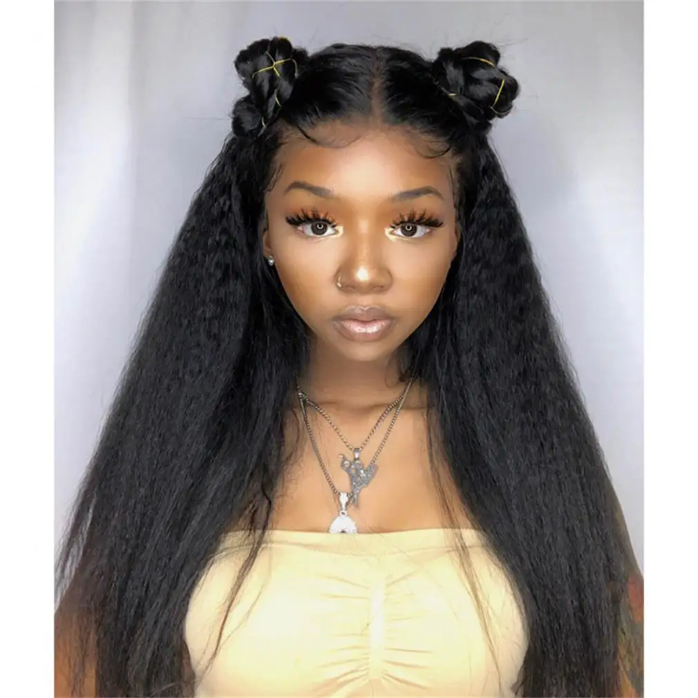 

28inch Kinky Straight Middle Part Lace Wig 180% Density Brazilian Human Hair Pre Plucked With Baby Hair Remy Glueless For Women