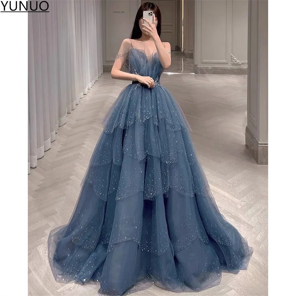 

YUNUO Sparkly Dusty Blue Layered Tulle Prom Dresses With Crystals Spaghetti Straps Long Evening Party Gowns A Line Formal Dress