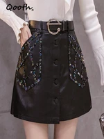 qooth fashion beading high waisted skirt retro black a line leather skirt single breasted chic skirts with belt qt1433