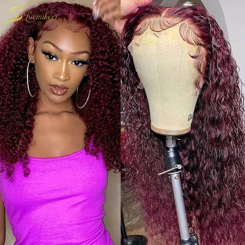 

Свободный парик с глубокой волной красный 99j бордовый кружевной передний парик полностью из человеческих волос HD кружевной передний al пари...