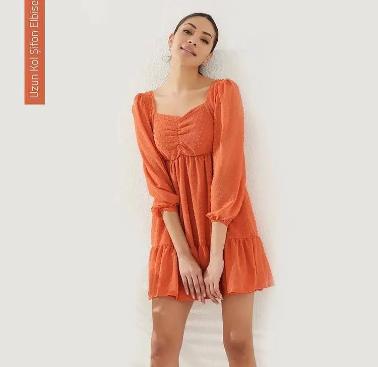 

Women lined long sleeve chiffon dress new season