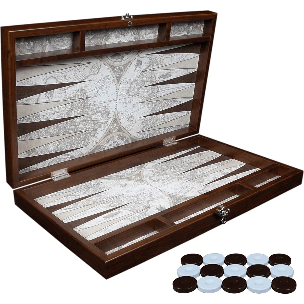 Antique Map Board Game Leather Backgammon Luxury Set Checkers With Chip Dice