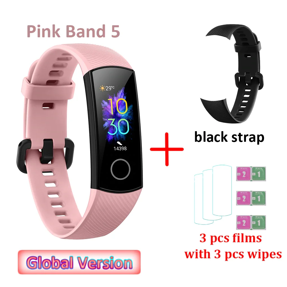 B strap and 3 films Global Versio huawei Honor Band 5 4, умный Браслет, умный браслет, шагомер, сенсорный экран, для плавания, сердечного ритма, сна, монитор - Цвет: B strap and 3 films