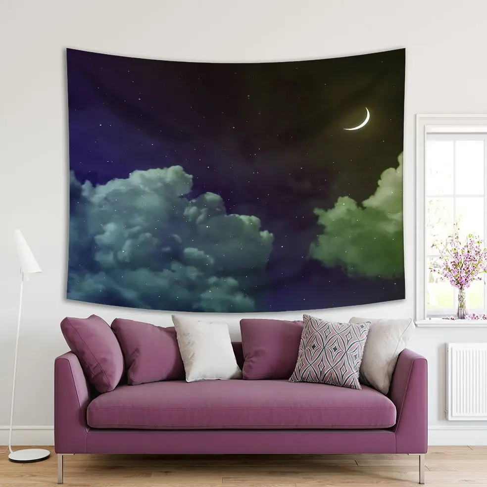 

Tapestry New Moon Stars Fluffy Clouds Nature Night Sky Illustration Purple Blue Gray