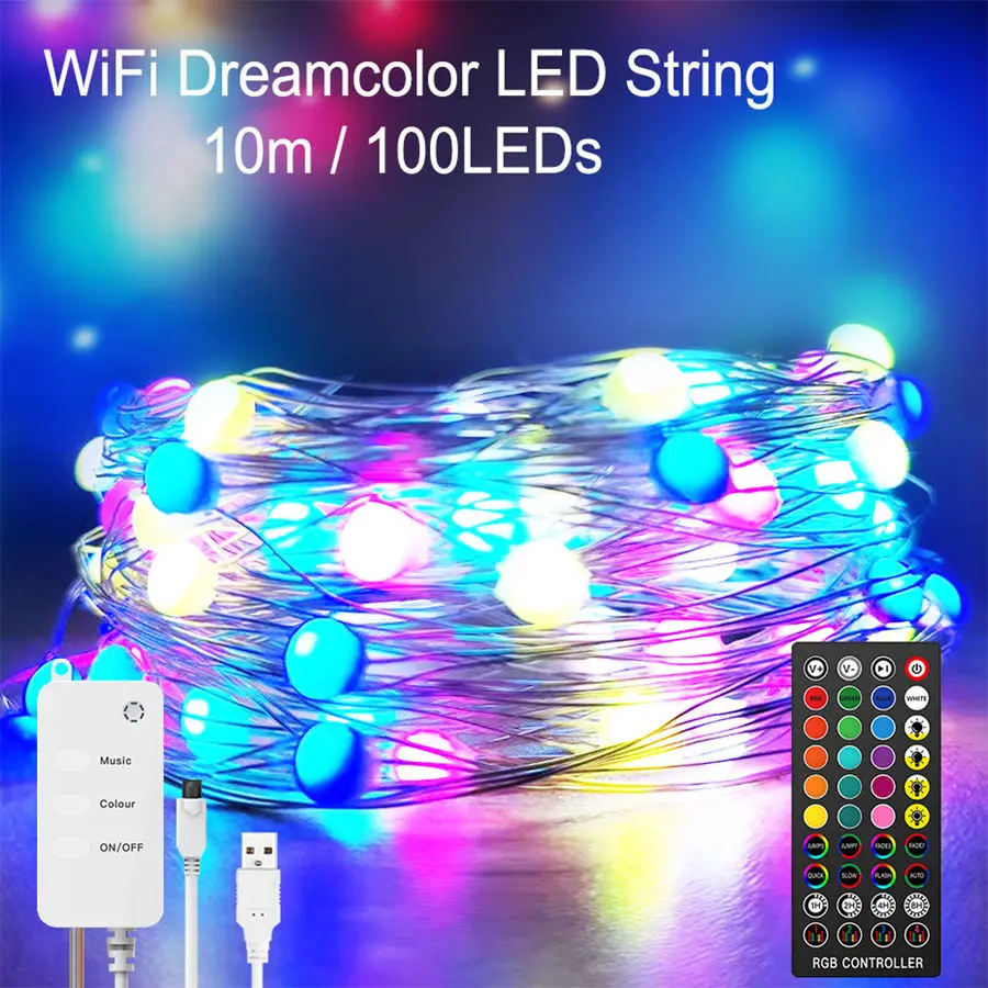 

Tuya Smart WiFi LED Fairy String Lights RGB 10m 100LEDs RGBIC Work Alexa Music Sync APP 24key Remote for DIY Home Decoration