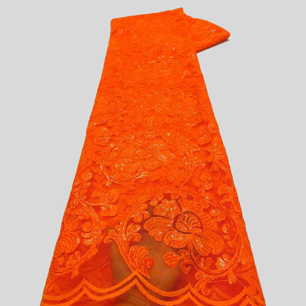 

Sinya Orange African Lace Fabric 2022 High Quality Lace Embroidered Sequins French Net Sequence Clothes 5 Yards