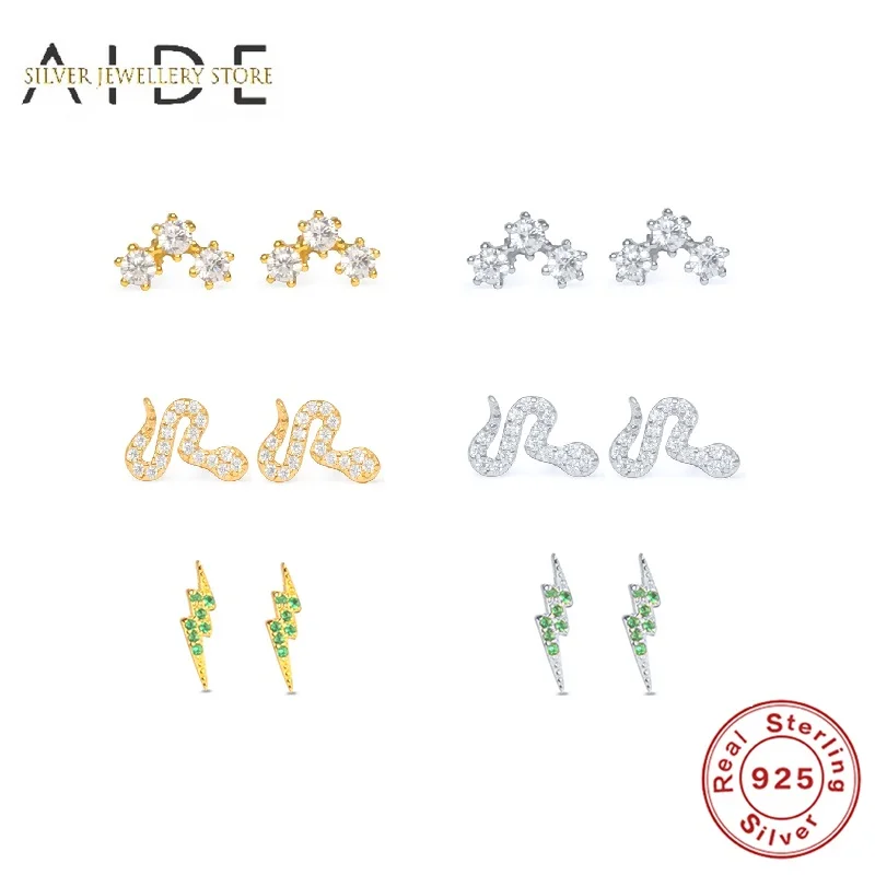 

AIDE Luxurious Zircon Stud Earrings For Women Fashion Mini Snake/Flower/Lightning Piercing Earings Silver 925 Jewelry kolczyki