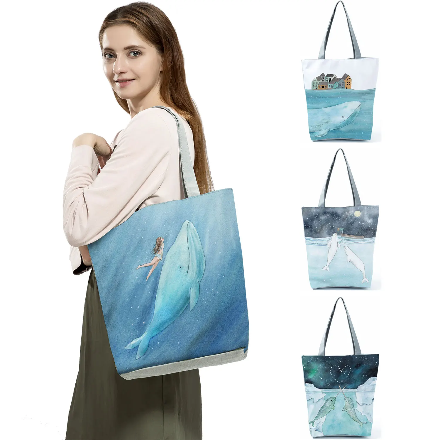 

Blue Ocean Women Handbags Fresh Printed Cute Whale Sea Series Shopper Bag Large Capacity Totes Designer Beach Bag Custom Pattern