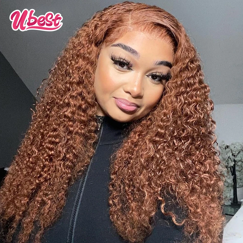 180 Density Ginger Brown Human Hair Wigs For Women Kinky Curly Lace Front Wig Brown Colored 13x4 Lace Frontal Wig Pre Plucked