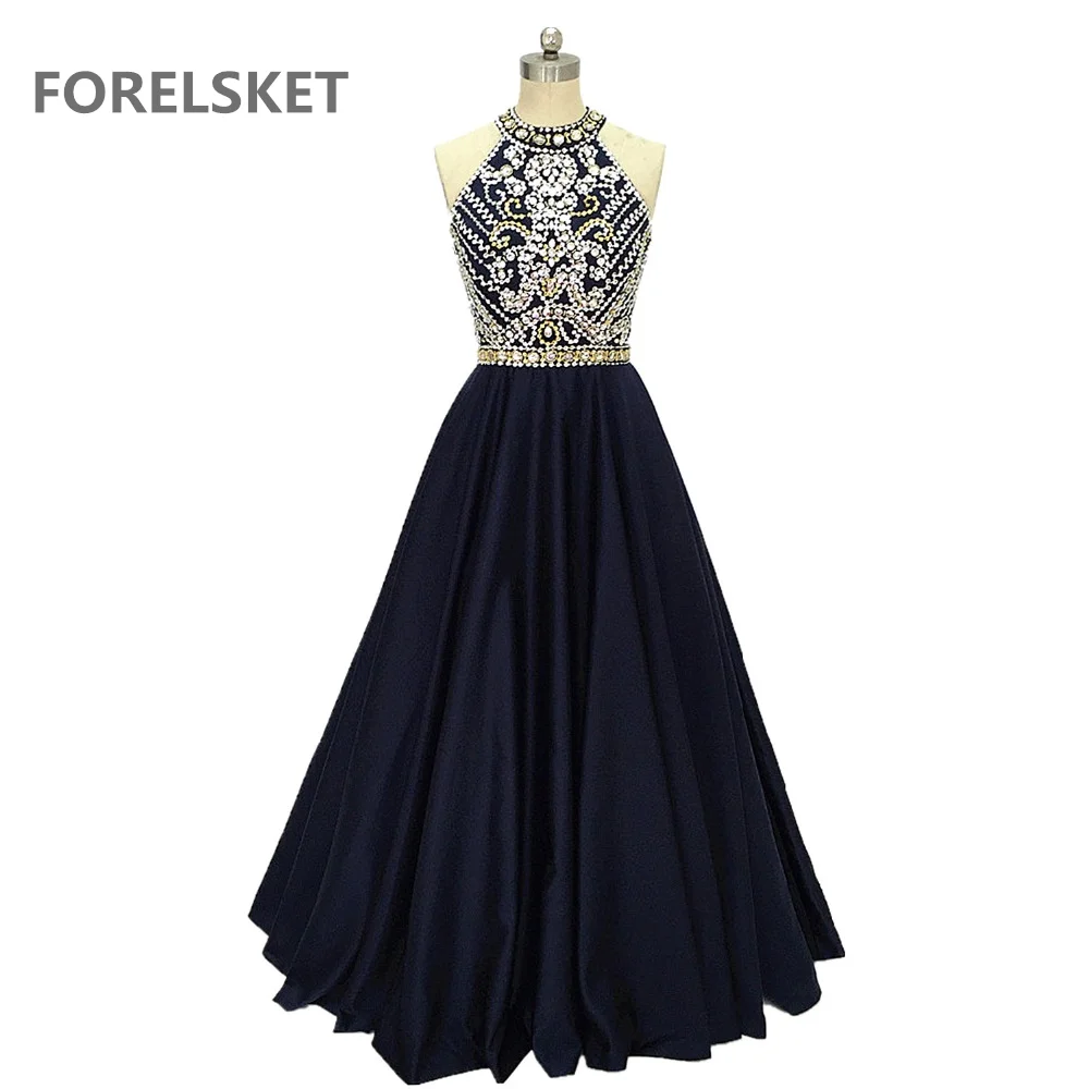 

Navy Blue Beaded Satin Long Prom Dress 2020 robe de soirée Halter Formal Party Gowns For Women vestidos de festa атласное платье