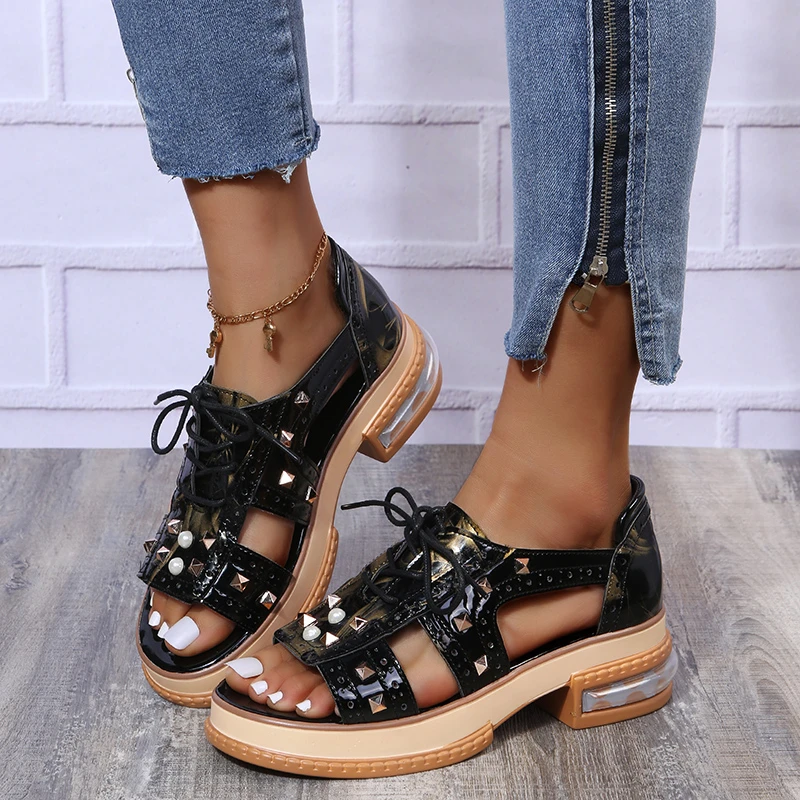 

Women Sandals Fashion Flat Sandals Zapatos De Mujer PU Leather Fish Mouth Thick Heel Side Zipper Solid Casual Women Shoes