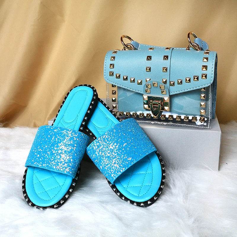 

2021 Summer Ladies Elegant Clear Handbags And Sandal Women Fashion Matching Transparent Chain Rivet Purse And Shoe Slipper Set