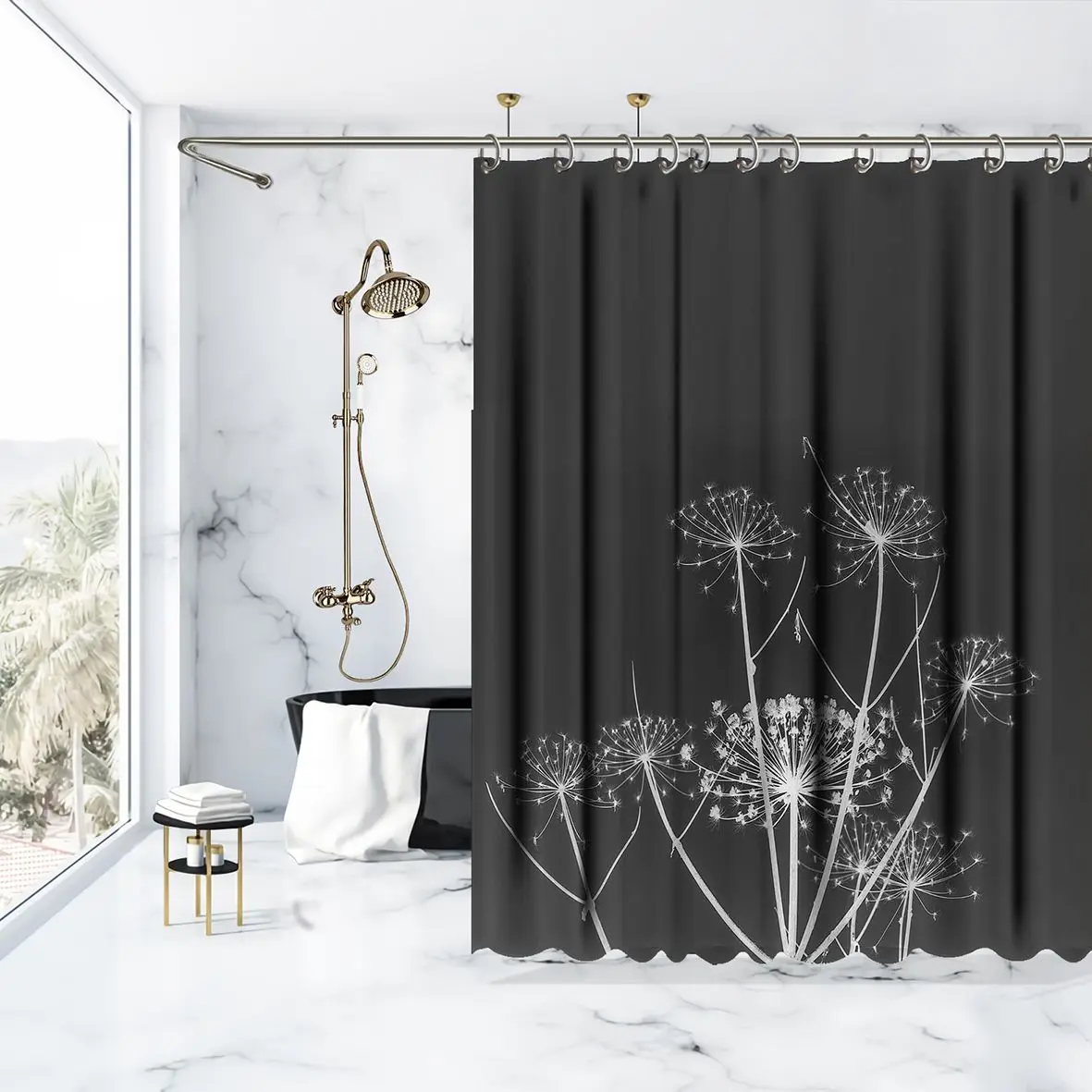 Занавеска для душа Одуванчик стебли цветы луг в природе Wilflower монохромная работа