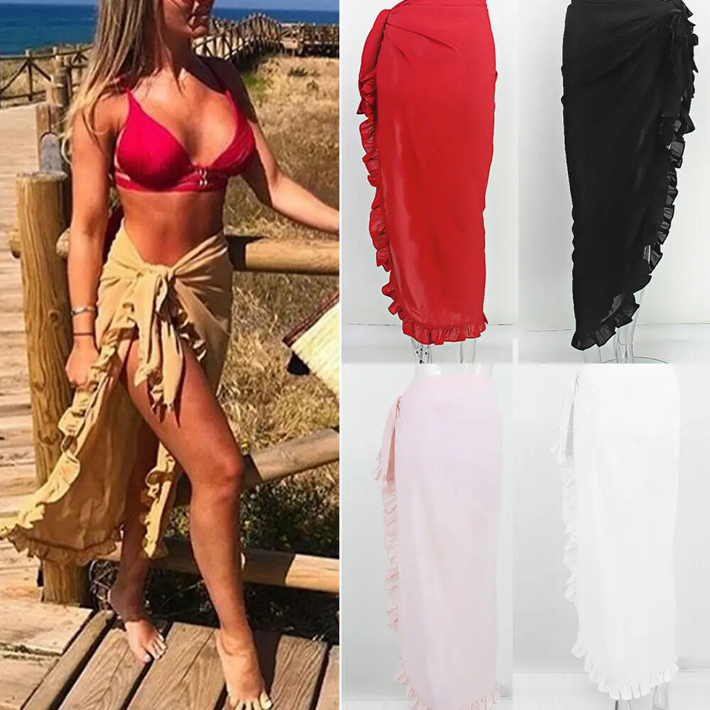 2019 Слитная Женская пляжная юбка с оборками саронг бикини накидка шифоновые юбки
