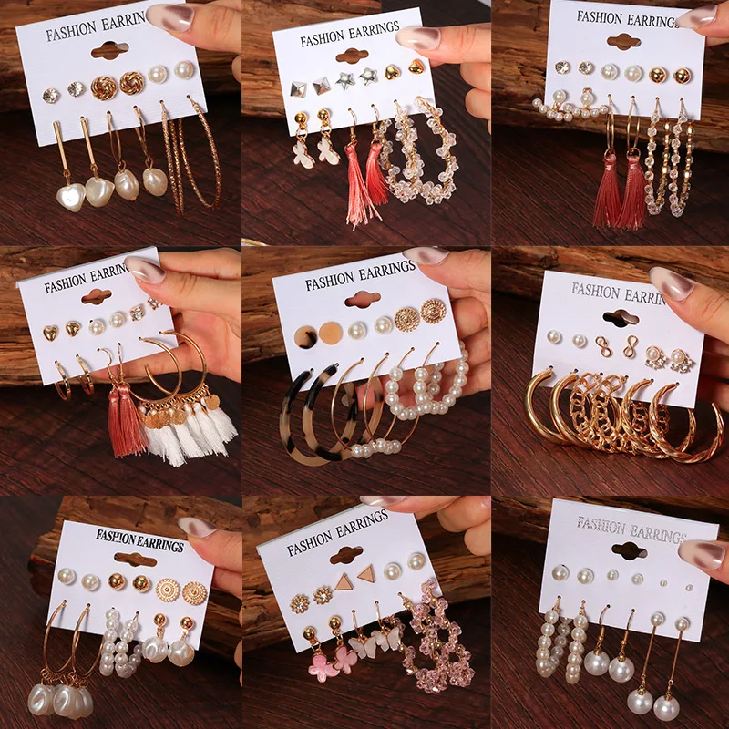 

Vintage Big Pearl Drop Earrings Set For Women Fashion Geometric Gold Metal Pendant Earrings 2021 Trendy NEW Jewelry Gift