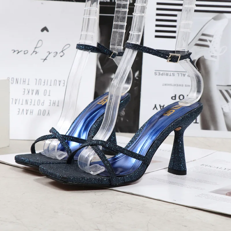 

KALSOONI 2022 Summer Sexy Square Toe Cross-strap Sequined Stiletto Sandals Fashion Large Size Sandals