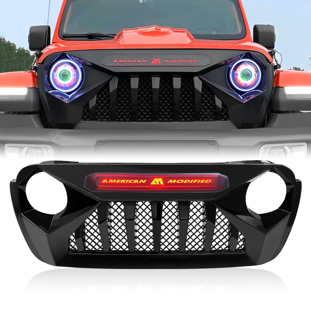 

Front Matte Black Demon Grille W/Brand Light For 2018-2021 Jeep Wrangler JL JT ABS