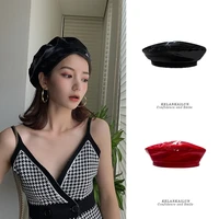 2021 new fashion patent leather beret high quality ladies hats solid color flat top hat pu slouchy bone captain cap women gorros